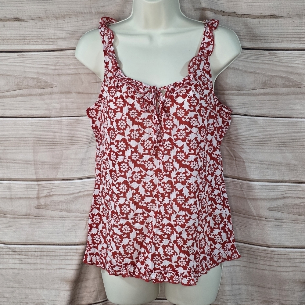 Old Navy Tank Ruffle Tie Front Peplum White Cream Rust Orange Floral S